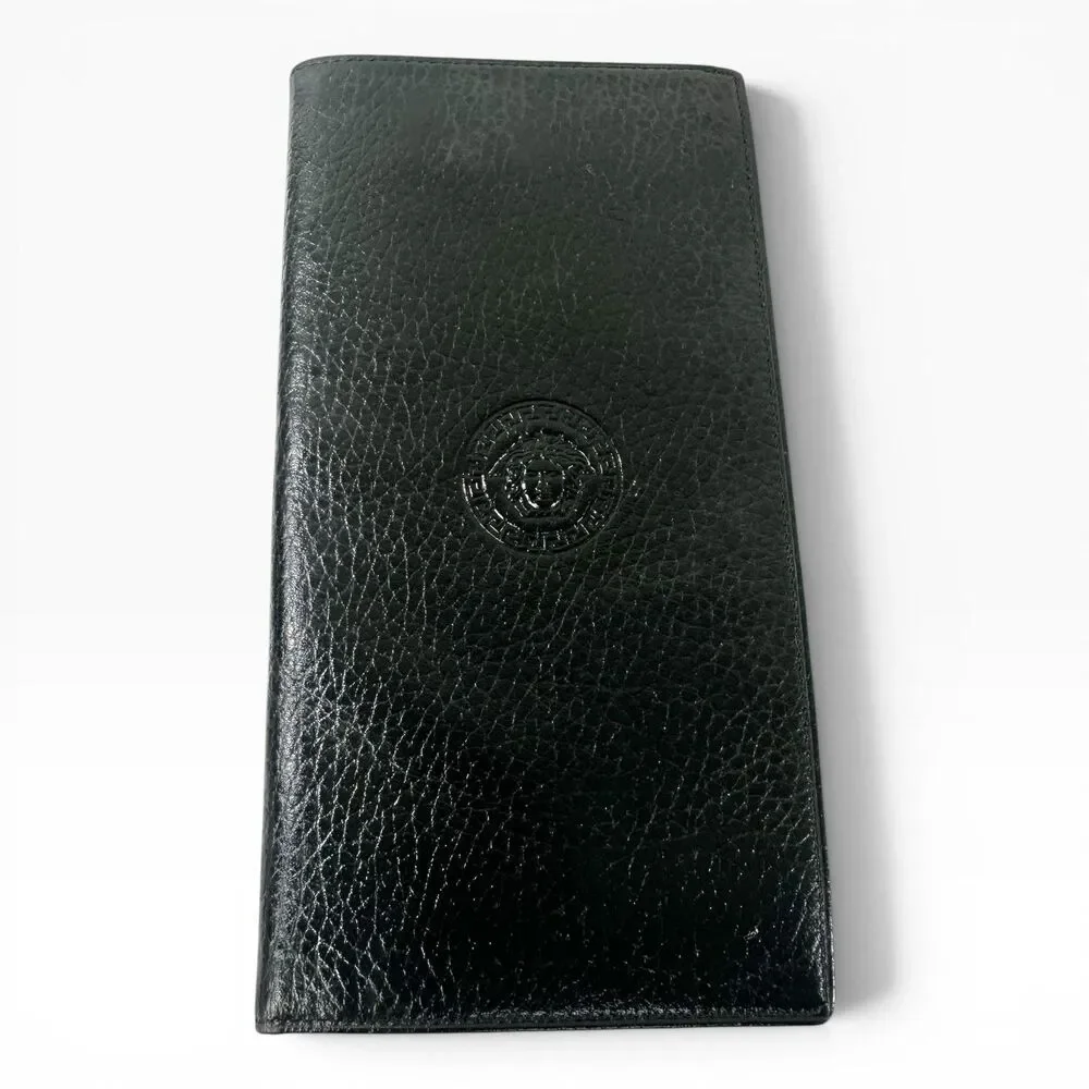 Gianni Versace Long Wallet Mens Vertical Black Leather Medusa Logo Bifold Italy